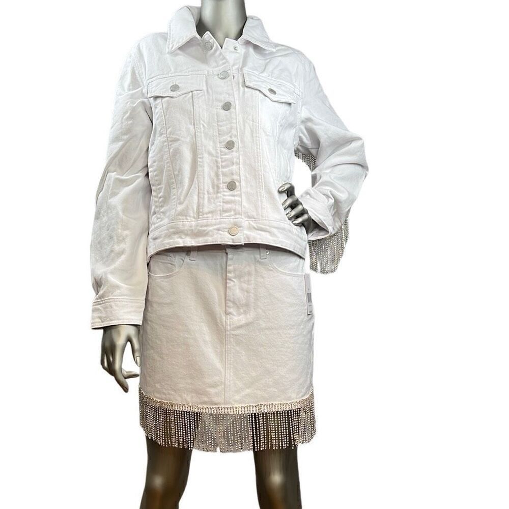 Blank NYC White Denim Rhinestones Fringe Jacket NWT S